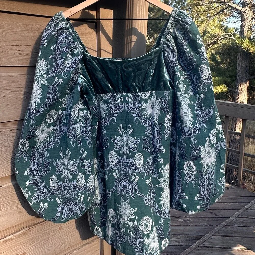 EUC Free People Lauren Green Floral Velvet & Tapesty Holiday Mini Dress